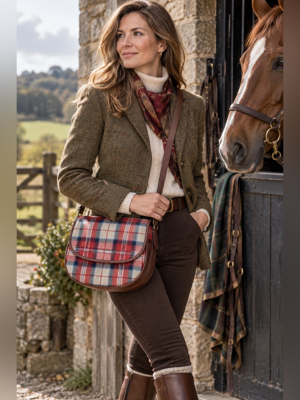 Lochcarron Scotland Wool Tartan Leather Saddle Bag Crossbody